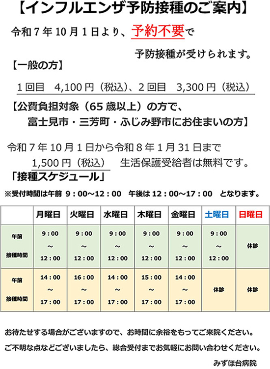 インフルエンザ予防接種のご案内